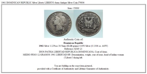 1961 DOMINICAN REPUBLIC Silver Liberty LIBERTO Arms Antique Silver Coin i79806 - Fresh Stock Dated December 2025