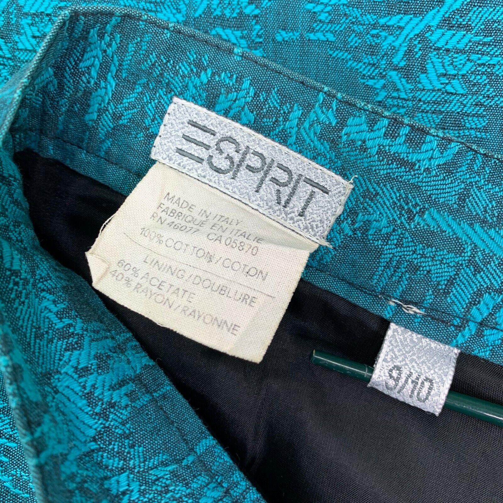 Esprit Pencil Skirt 9 - 10 Vintage 90s Era Teal Cotton Italian Jacquard Lined - Fresh Stock Dated March 2026