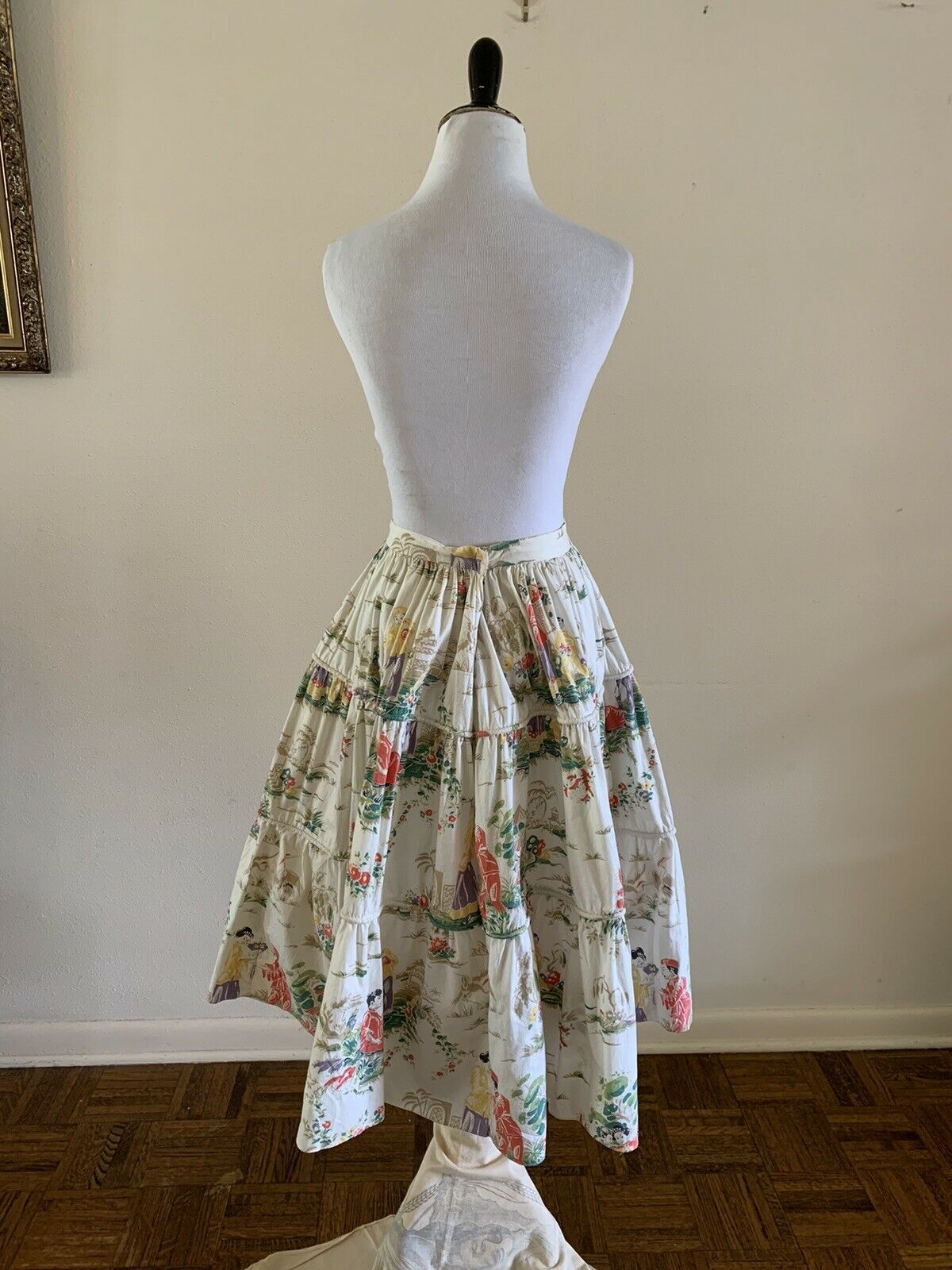 50s NOVELTY PRINT SKIRT Chinese Print Figural Floral Palm Tree Hawaiian Mod VTG - Fresh Stock Dated February 2026