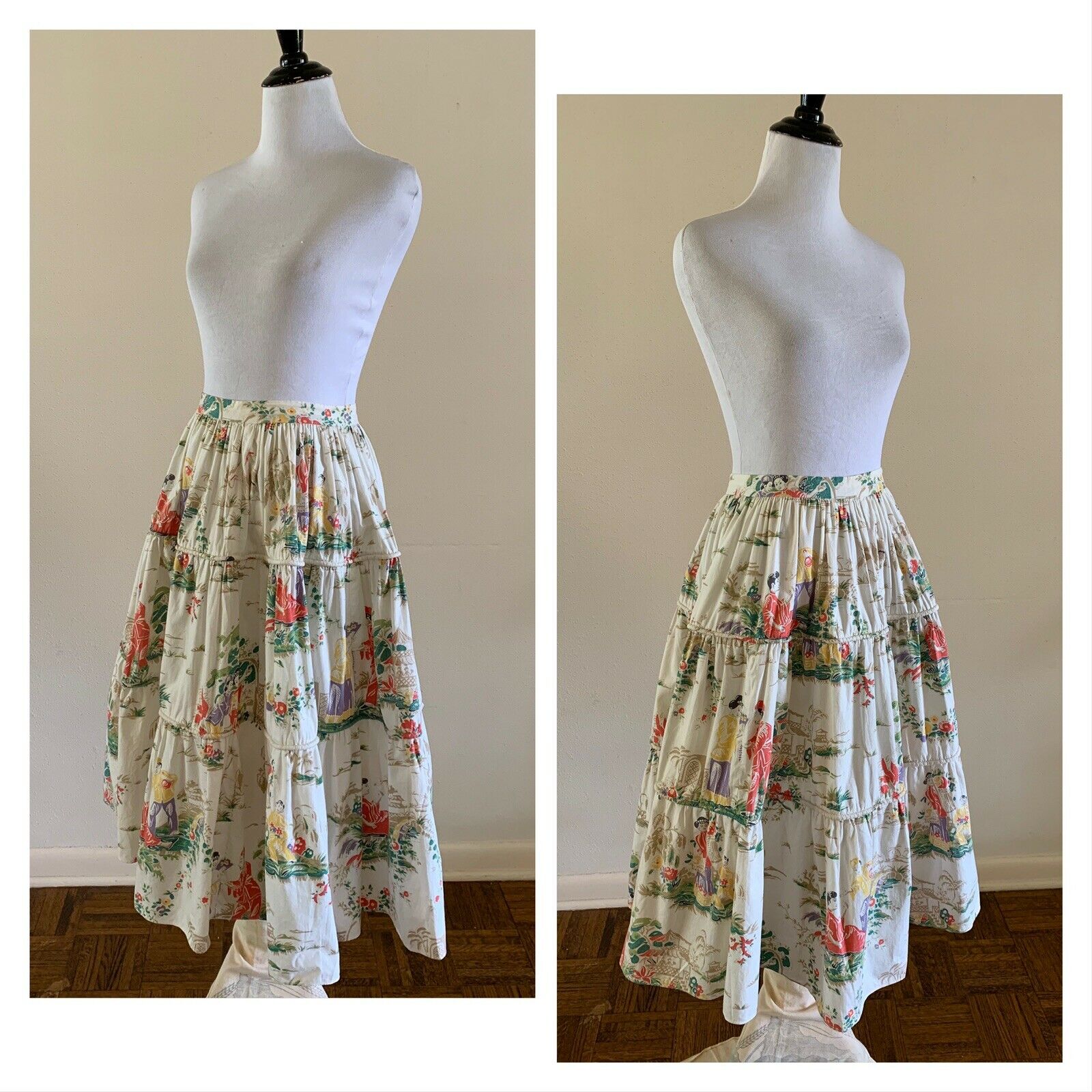 50s NOVELTY PRINT SKIRT Chinese Print Figural Floral Palm Tree Hawaiian Mod VTG - Fresh Stock Dated February 2026