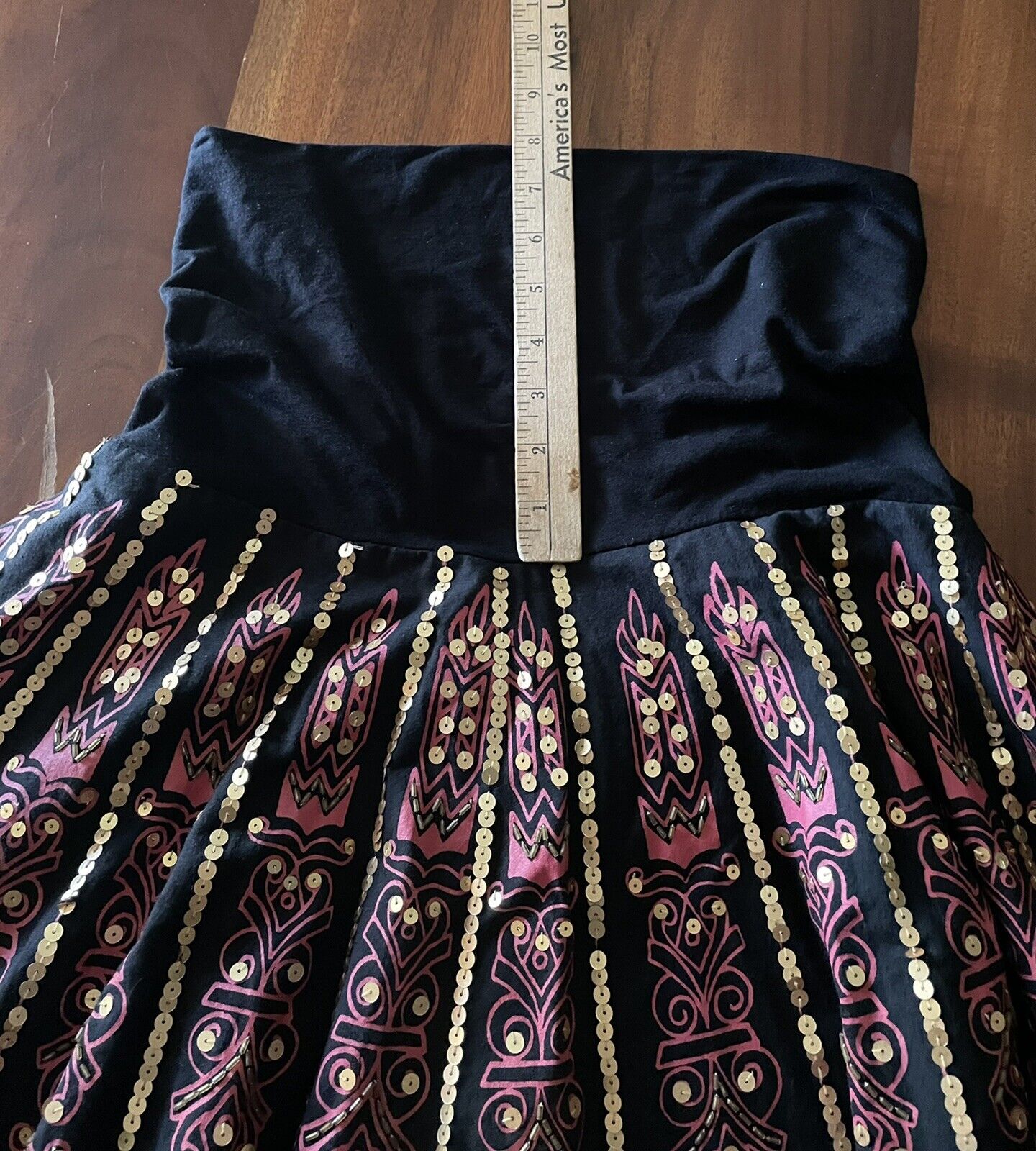 Vintage 80s Basil & Maude Black/Pink Gold Sequined Tiki Themed Skirt 6 Pull On - Fresh Stock Dated March 2026