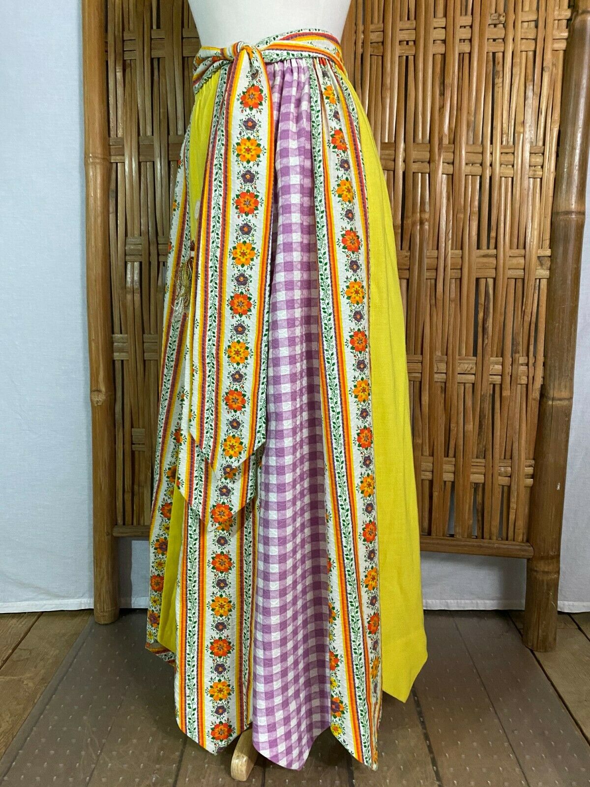 Vtg 70s Chessa Davis Maxi Skirt Panels Floral Checks Sash Slip Boho Hippy S/M - Fresh Stock Dated February 2026