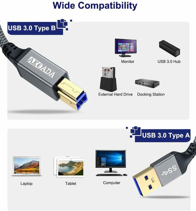 USB A to B 3.0 Cable(6.6FT), AkoaDa Durable Nylon Braided Type A 2m, Grey - Fresh Stock Dated February 2026