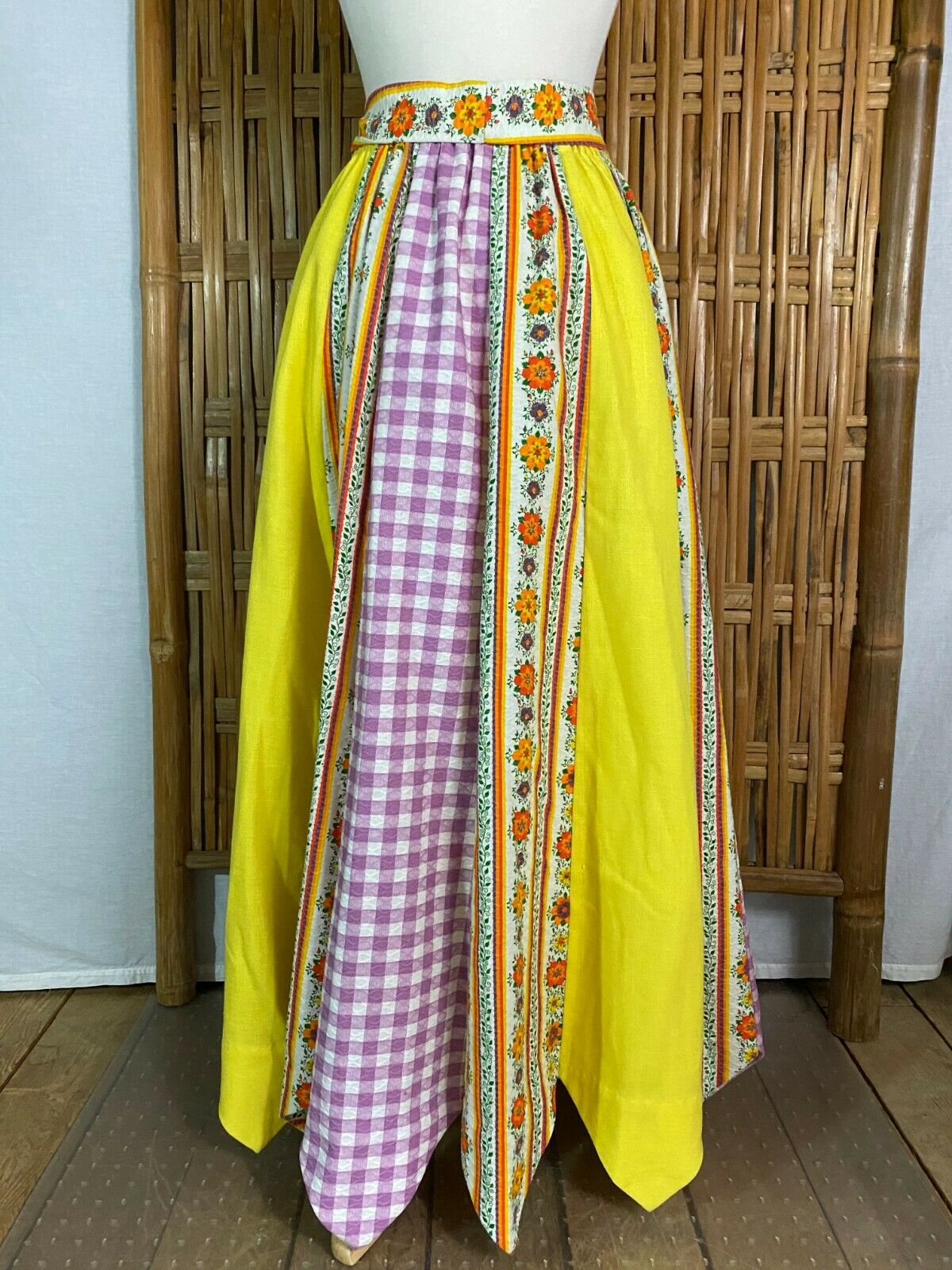 Vtg 70s Chessa Davis Maxi Skirt Panels Floral Checks Sash Slip Boho Hippy S/M - Fresh Stock Dated February 2026