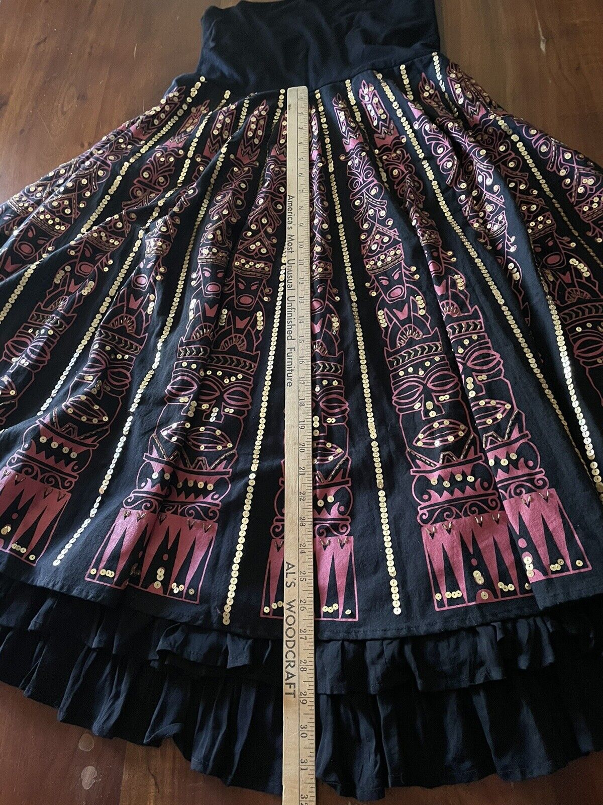 Vintage 80s Basil & Maude Black/Pink Gold Sequined Tiki Themed Skirt 6 Pull On - Fresh Stock Dated March 2026