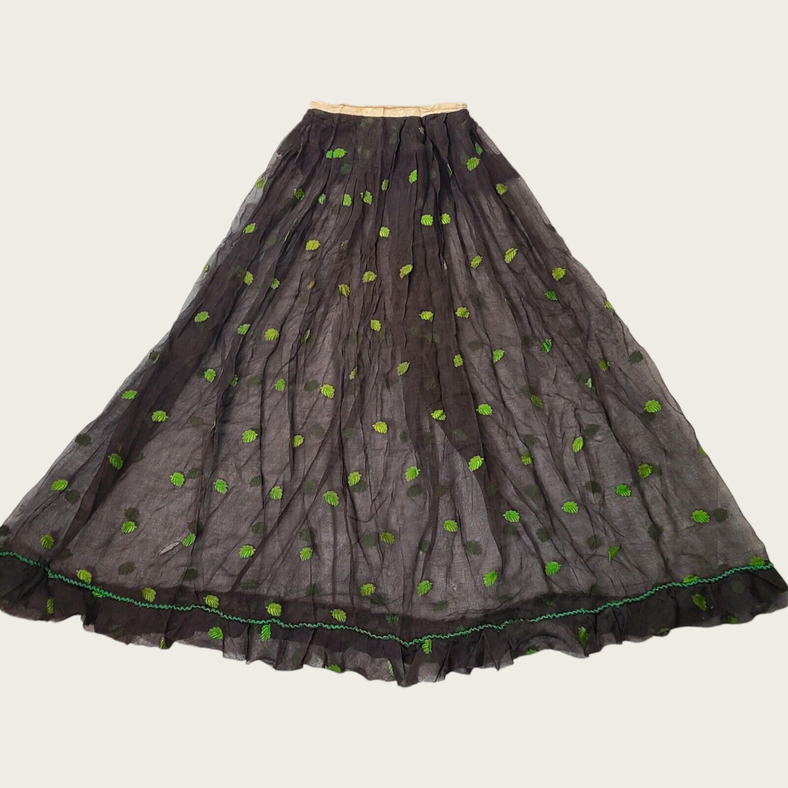 Antique Edwardian Victorian 1910s Fall Green Leaf Embroidered Maxi Skirt Sheer - Fresh Stock Dated March 2026