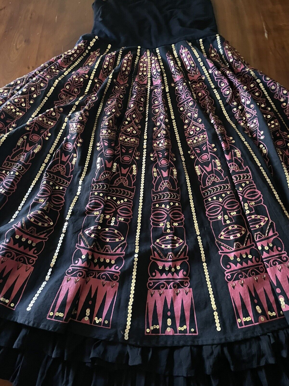 Vintage 80s Basil & Maude Black/Pink Gold Sequined Tiki Themed Skirt 6 Pull On - Fresh Stock Dated March 2026