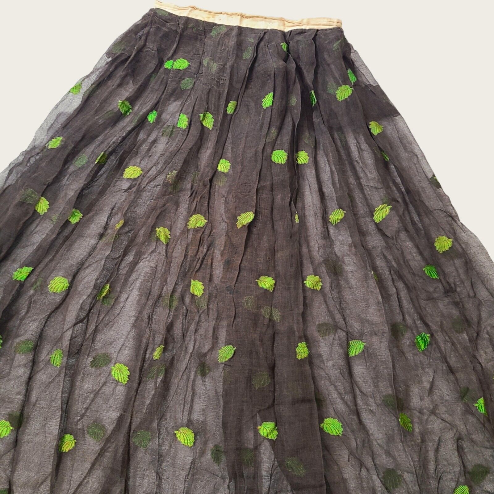 Antique Edwardian Victorian 1910s Fall Green Leaf Embroidered Maxi Skirt Sheer - Fresh Stock Dated March 2026