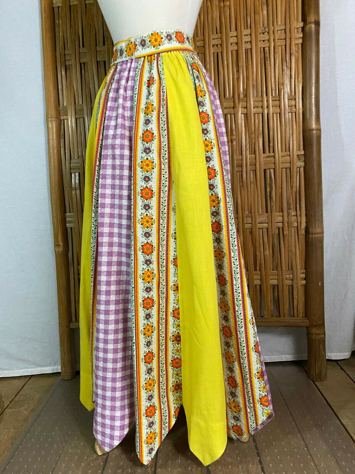 Vtg 70s Chessa Davis Maxi Skirt Panels Floral Checks Sash Slip Boho Hippy S/M - Fresh Stock Dated February 2026