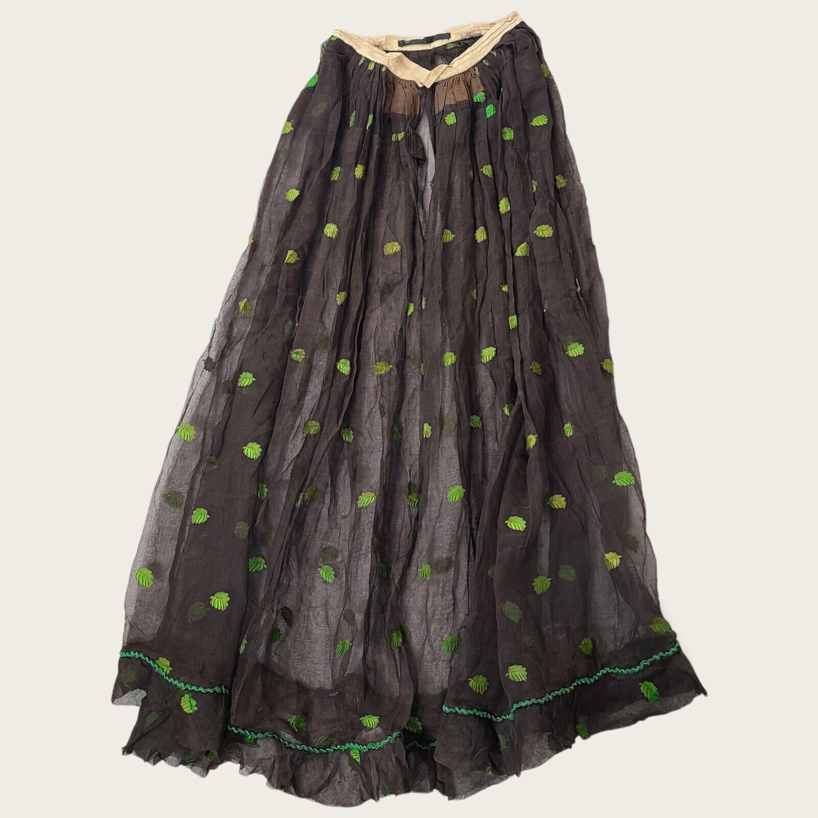 Antique Edwardian Victorian 1910s Fall Green Leaf Embroidered Maxi Skirt Sheer - Fresh Stock Dated March 2026