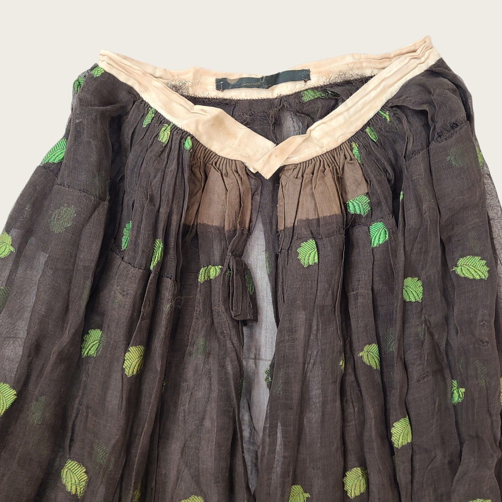 Antique Edwardian Victorian 1910s Fall Green Leaf Embroidered Maxi Skirt Sheer - Fresh Stock Dated March 2026