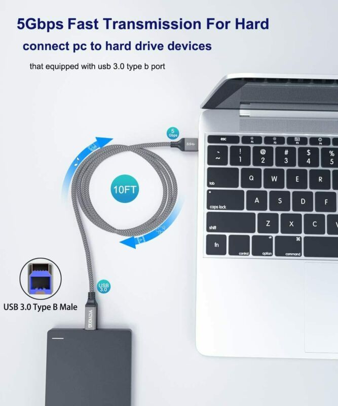 USB A to B 3.0 Cable(6.6FT), AkoaDa Durable Nylon Braided Type A 2m, Grey - Fresh Stock Dated February 2026