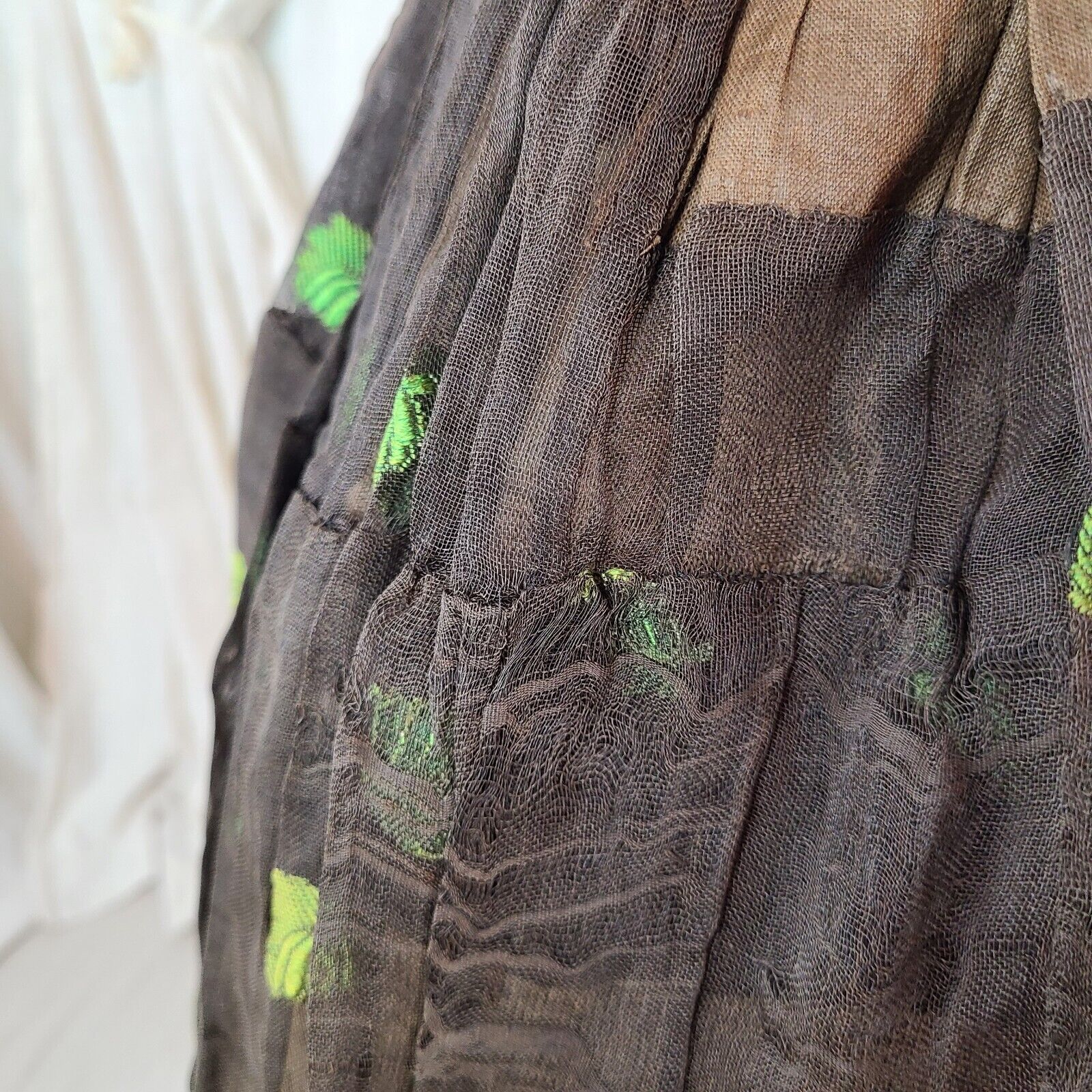 Antique Edwardian Victorian 1910s Fall Green Leaf Embroidered Maxi Skirt Sheer - Fresh Stock Dated March 2026