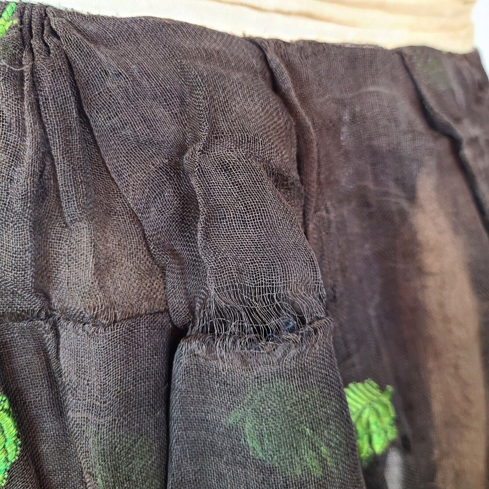 Antique Edwardian Victorian 1910s Fall Green Leaf Embroidered Maxi Skirt Sheer - Fresh Stock Dated March 2026