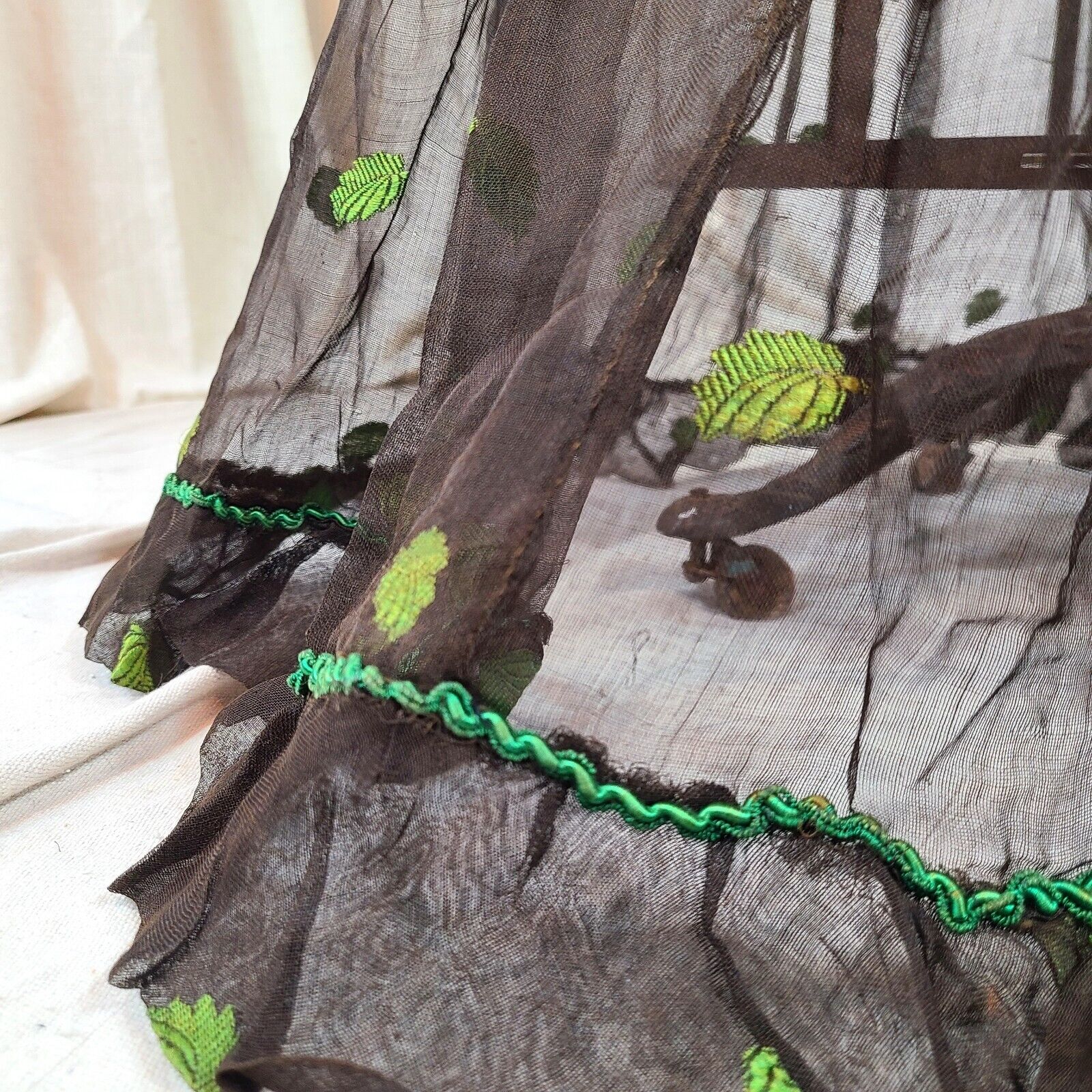 Antique Edwardian Victorian 1910s Fall Green Leaf Embroidered Maxi Skirt Sheer - Fresh Stock Dated March 2026