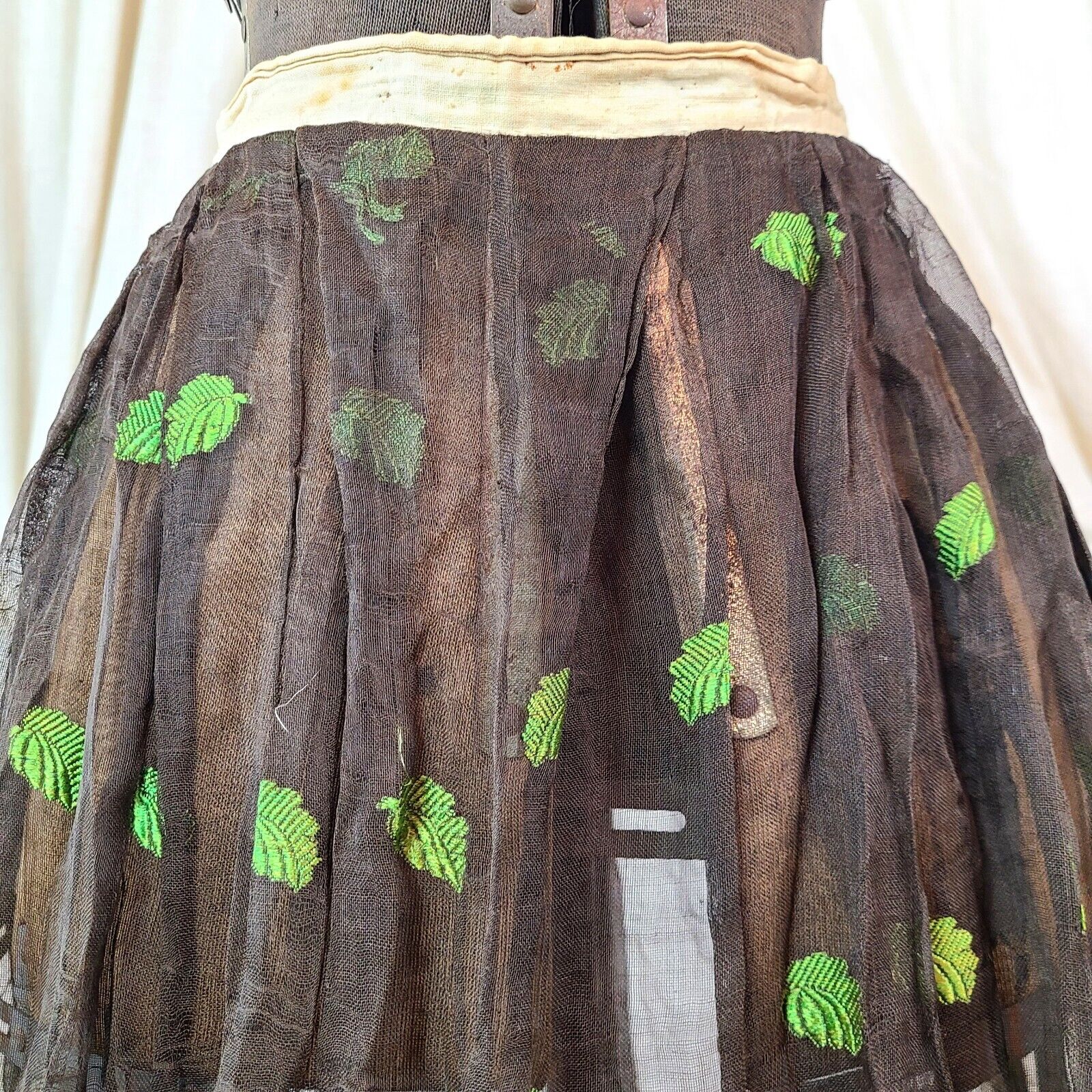 Antique Edwardian Victorian 1910s Fall Green Leaf Embroidered Maxi Skirt Sheer - Fresh Stock Dated March 2026