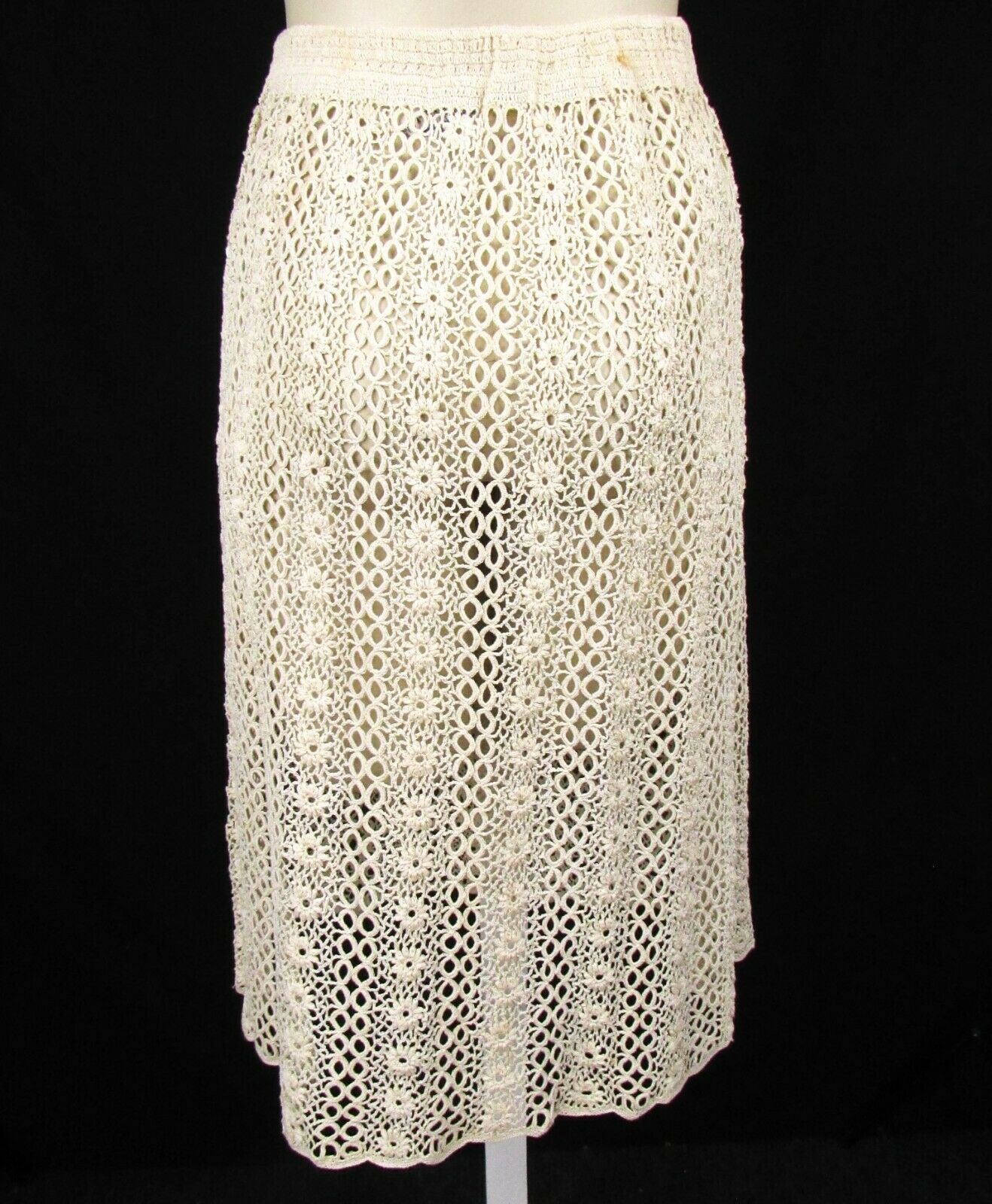 Vintage Hand-Crocheted Lace Macrame Pencil Skirt L Floral Open-Knit Ivory Midi - Fresh Stock Dated March 2026
