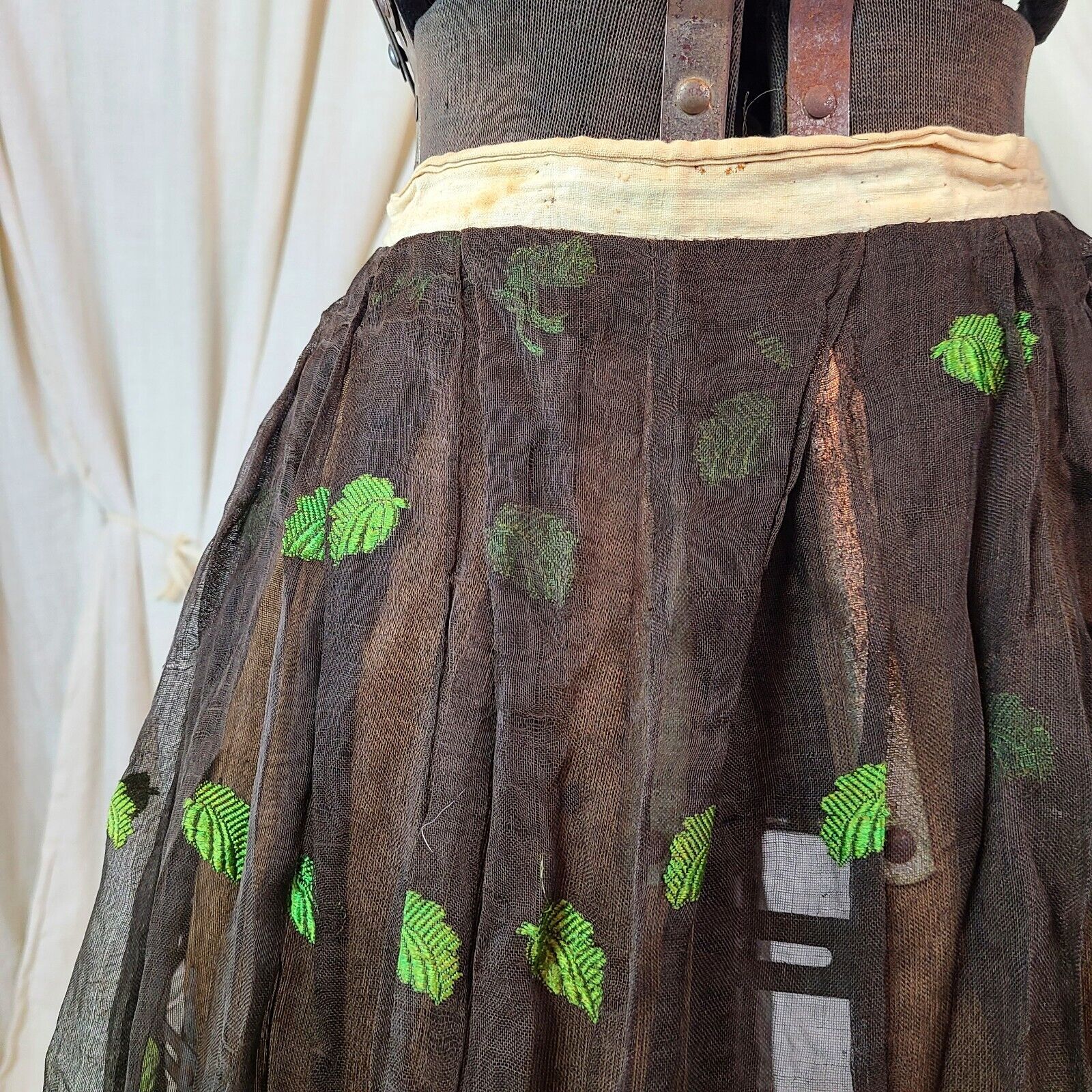 Antique Edwardian Victorian 1910s Fall Green Leaf Embroidered Maxi Skirt Sheer - Fresh Stock Dated March 2026