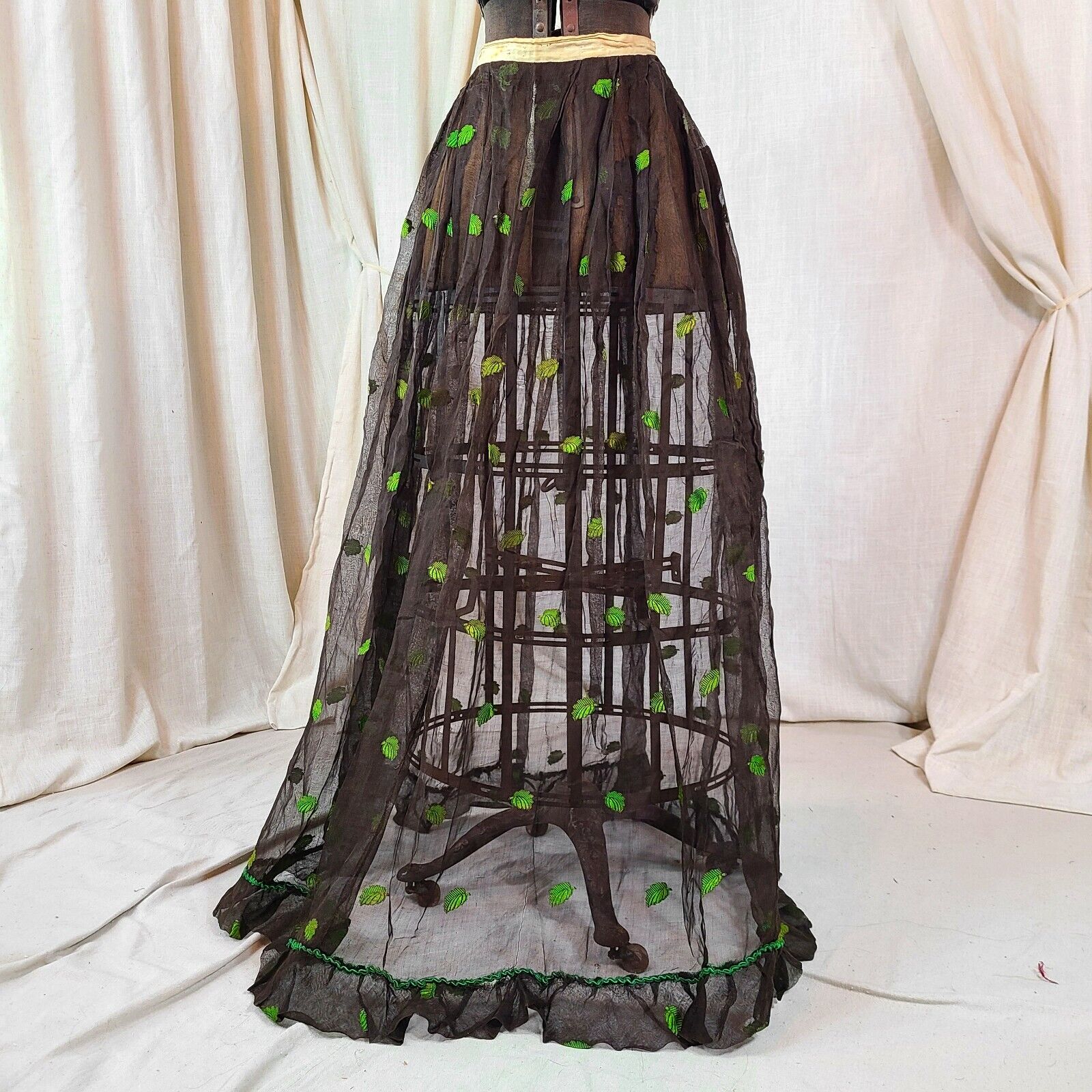 Antique Edwardian Victorian 1910s Fall Green Leaf Embroidered Maxi Skirt Sheer - Fresh Stock Dated March 2026