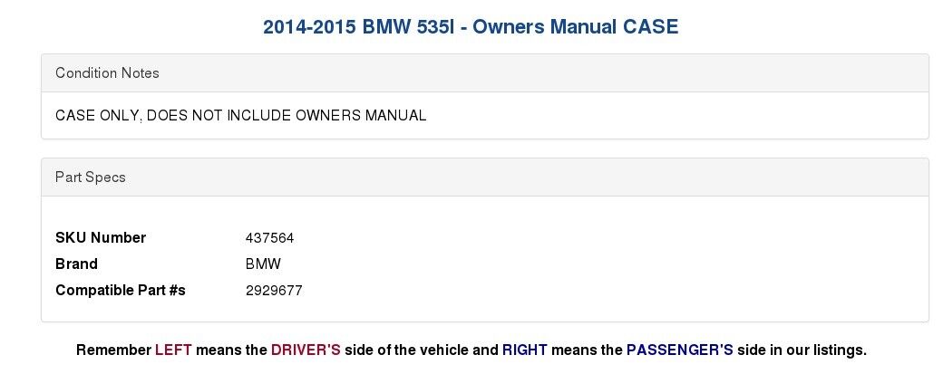 2014-2015 BMW 528I - Owners Manual CASE - Fresh Stock Dated February 2026