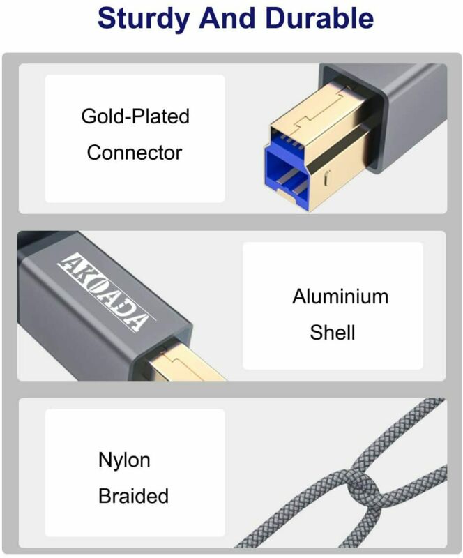 USB A to B 3.0 Cable(6.6FT), AkoaDa Durable Nylon Braided Type A 2m, Grey - Fresh Stock Dated February 2026