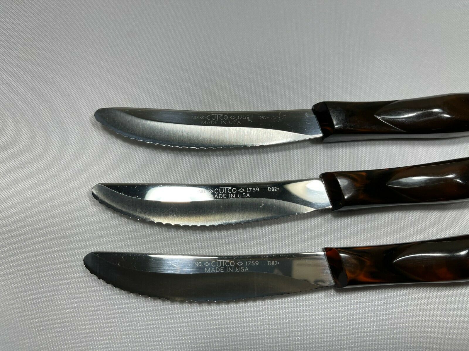 VTG Cutco Table Steak Knives set of 3 #1759 D82 Dark Brown Orange Marbling - Fresh Stock Dated December 2025