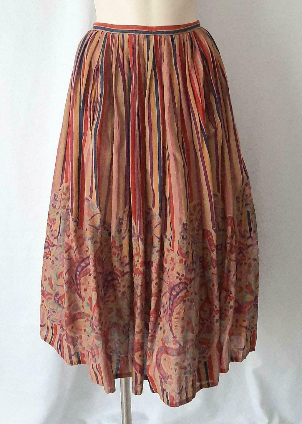 WHIMSICAL BOHO STRIPED PAISLEY COTTON Vintage 70s A-line SKIRT - 25 inch waist - Fresh Stock Dated March 2026