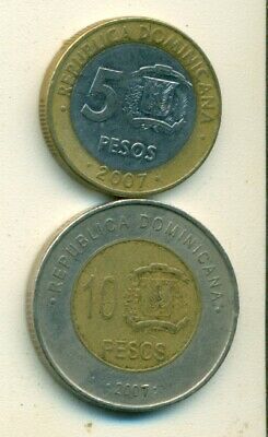 2 DIFFERENT BI-METAL COINS..the DOMINICAN REPUBLIC.. 5 & 10 PESOS..BOTH 2007 - Fresh Stock Dated February 2026