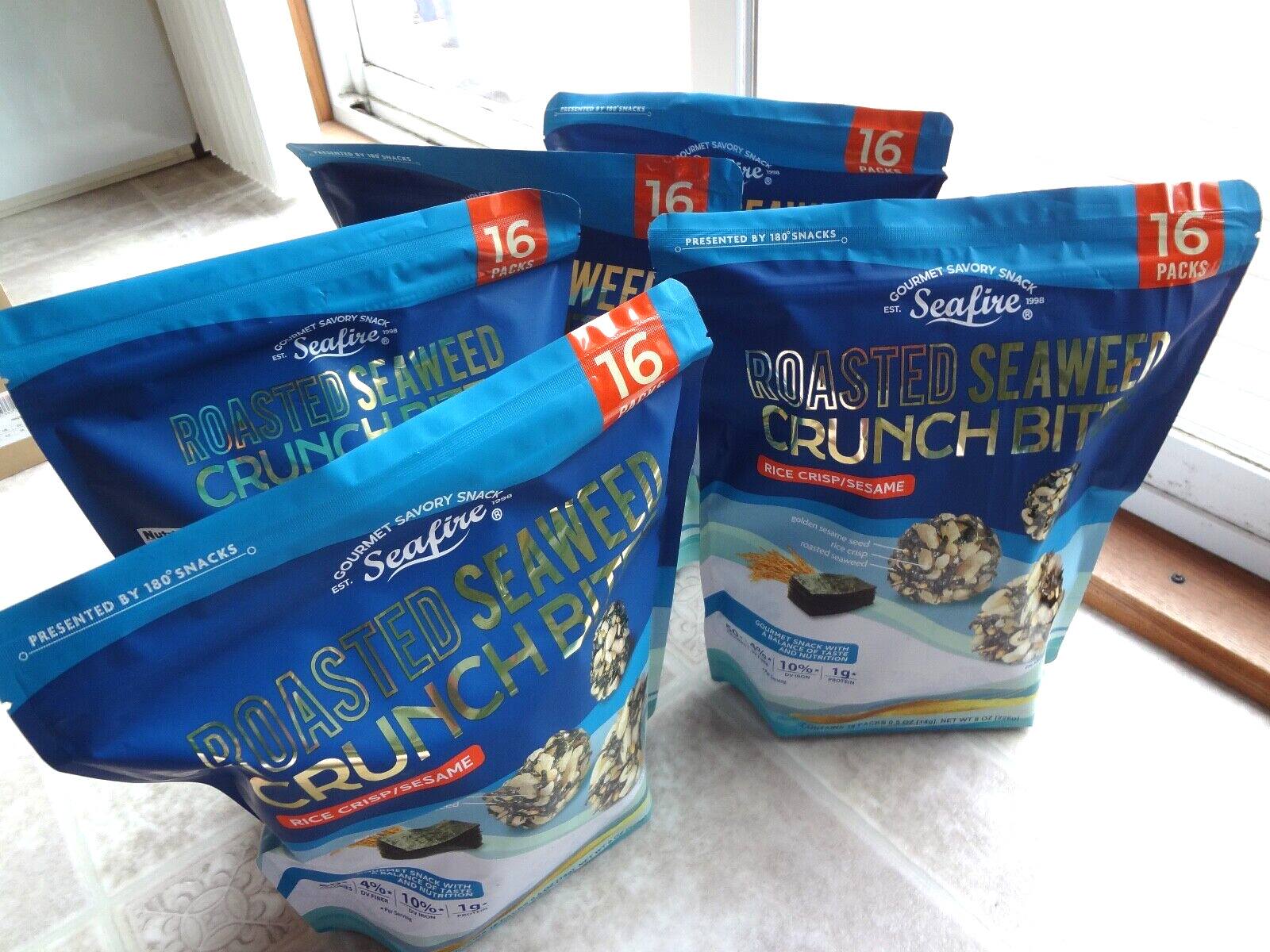 SEAFIRE (Lot of 5) Roasted Seaweed Crunch Bites Rice Crisp/Sesame 16pk each - Fresh Stock Dated February 2026