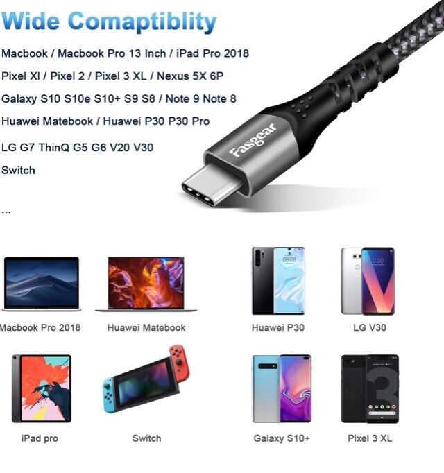 Fasgear USB C to C Cable 1.6ft, Type C 3.1 Gen 2 1.6ft (50cm), Black - Fresh Stock Dated February 2026