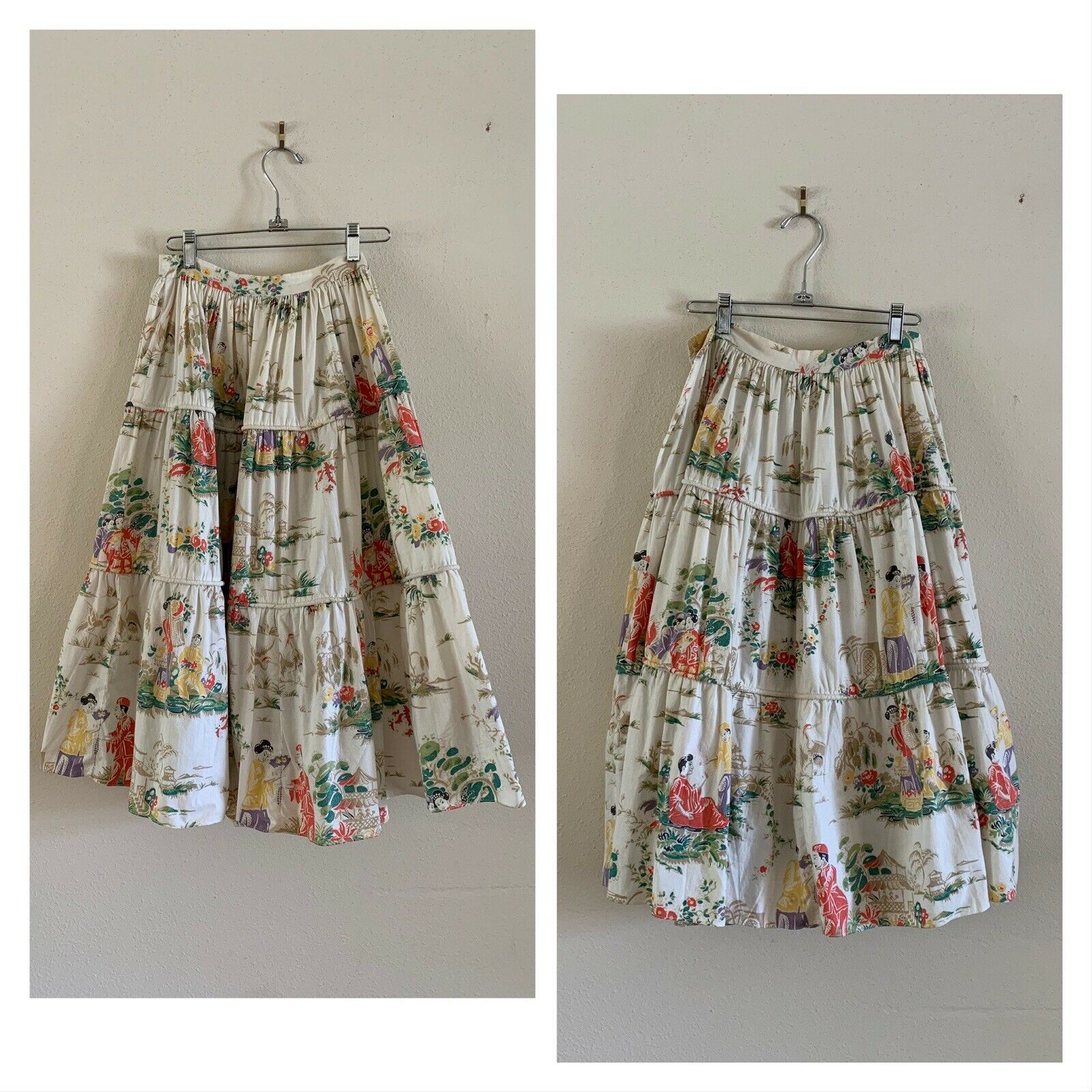 50s NOVELTY PRINT SKIRT Chinese Print Figural Floral Palm Tree Hawaiian Mod VTG - Fresh Stock Dated February 2026