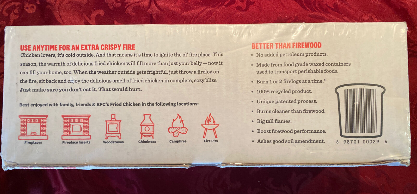 KFC FIRE LOG 11 HERBS & SPICES ENVIROLOG KENTUCKY FRIED CHICKEN FIRE LOG - Fresh Stock Dated December 2025