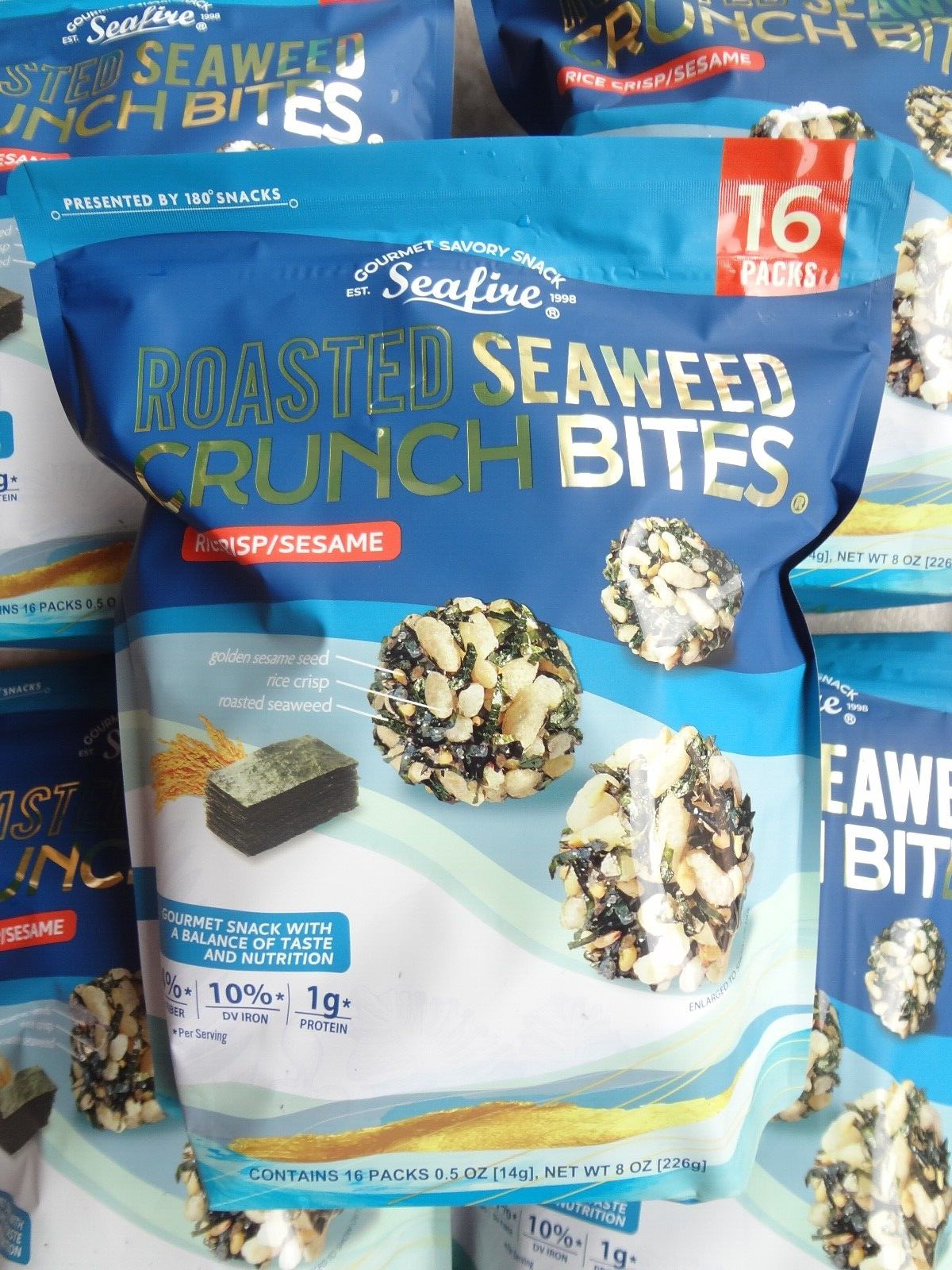 SEAFIRE (Lot of 5) Roasted Seaweed Crunch Bites Rice Crisp/Sesame 16pk each - Fresh Stock Dated February 2026