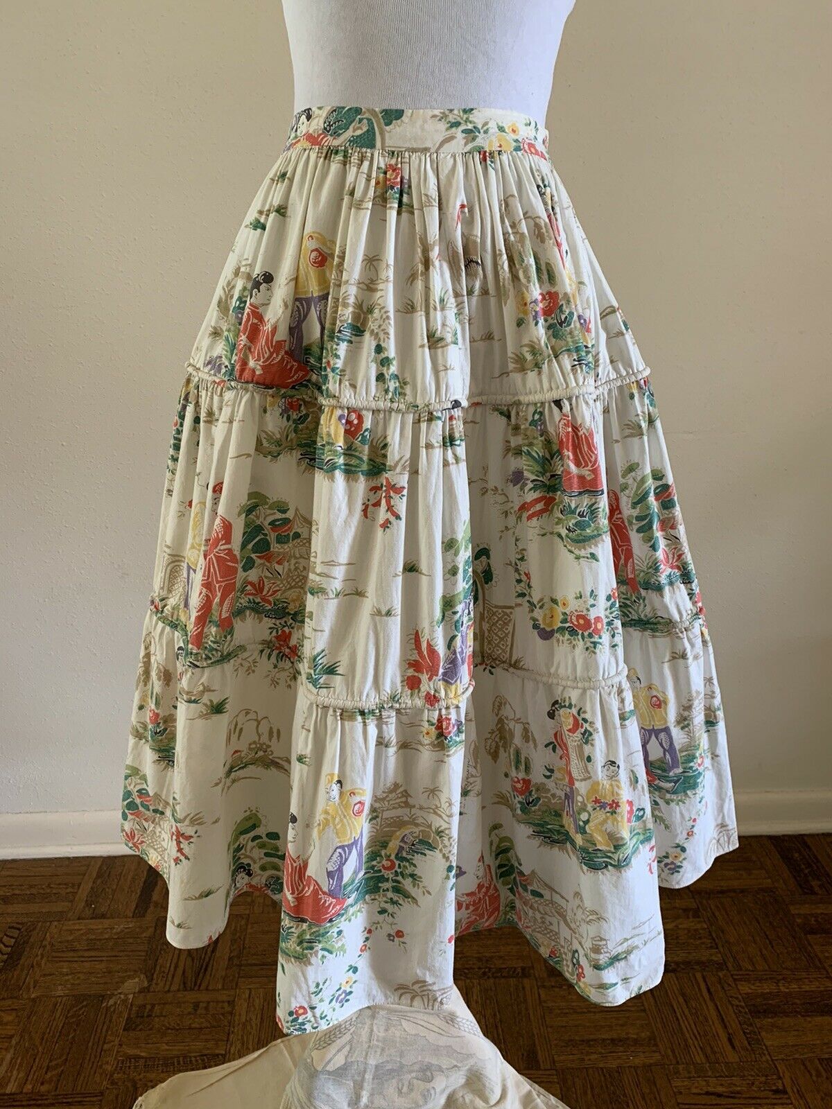 50s NOVELTY PRINT SKIRT Chinese Print Figural Floral Palm Tree Hawaiian Mod VTG - Fresh Stock Dated February 2026