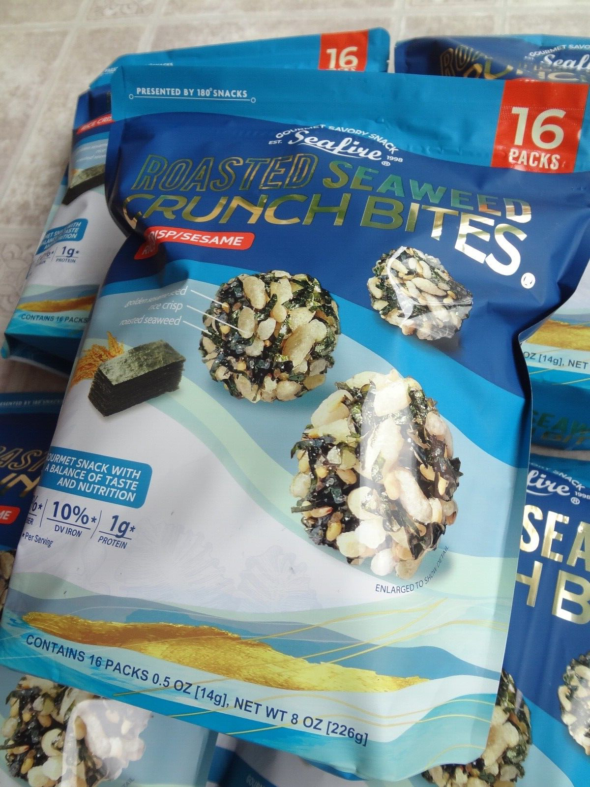 SEAFIRE (Lot of 5) Roasted Seaweed Crunch Bites Rice Crisp/Sesame 16pk each - Fresh Stock Dated February 2026