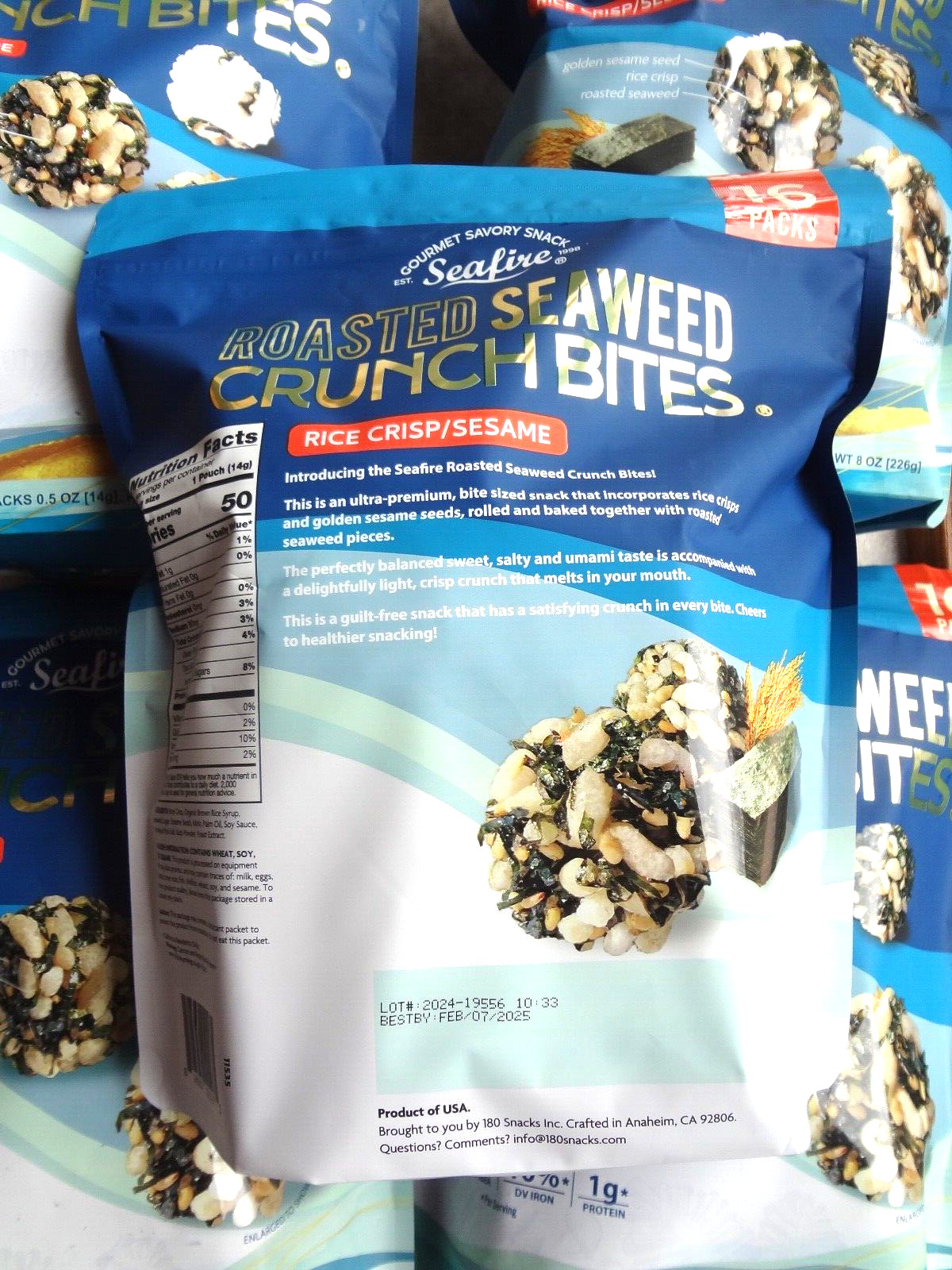 SEAFIRE (Lot of 5) Roasted Seaweed Crunch Bites Rice Crisp/Sesame 16pk each - Fresh Stock Dated February 2026
