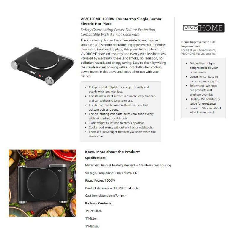 VIVOHOME 1500W Portable Electric Burner Single Hot Plate Adjustable Temperature - Fresh Stock Dated December 2025