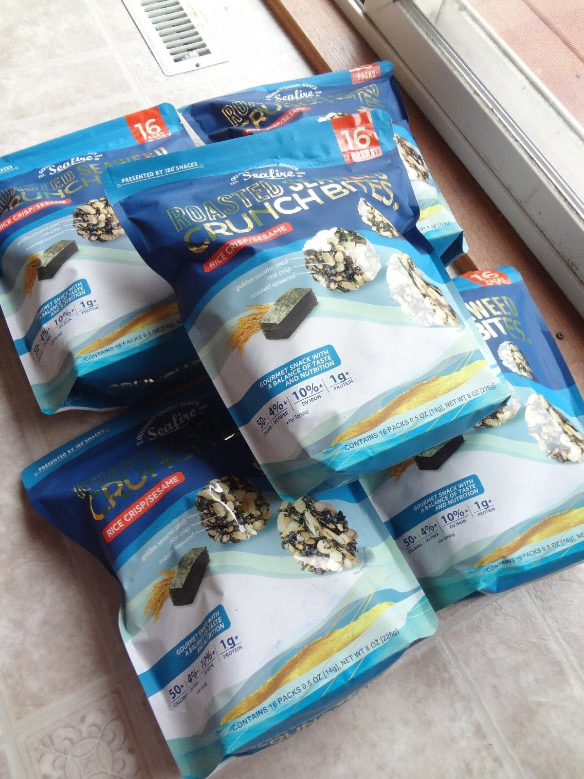 SEAFIRE (Lot of 5) Roasted Seaweed Crunch Bites Rice Crisp/Sesame 16pk each - Fresh Stock Dated February 2026