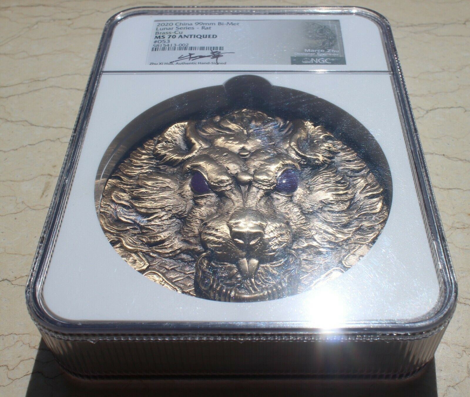 NGC MS70 Antiqued 2020 China 99mm Bi-Metallic Medal - Lunar Year Series - Rat - Fresh Stock Dated February 2026