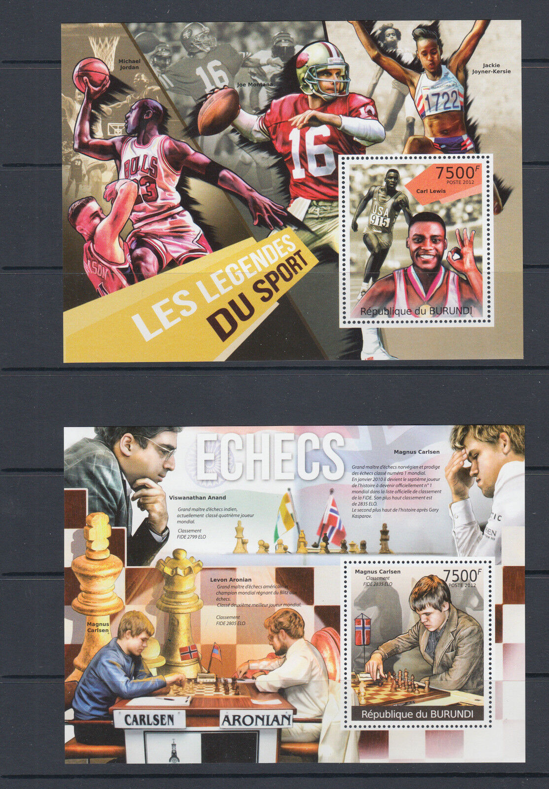 Burundi Sc 1021-1028 MNH. 2012 Famous Sport Personalities, complete set of 8 s/s - Fresh Stock Dated December 2025