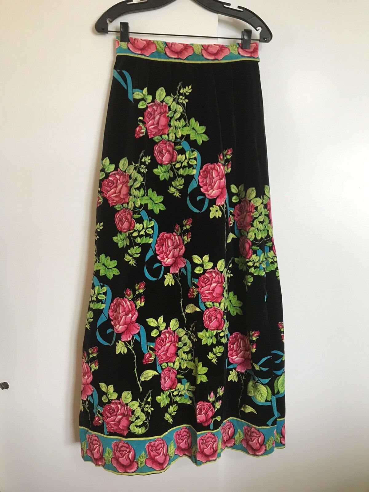 Vintage Mr. Dino Long Black Velvet Skirt Black Pink Roses 60's 70's Floor Length - Fresh Stock Dated February 2026