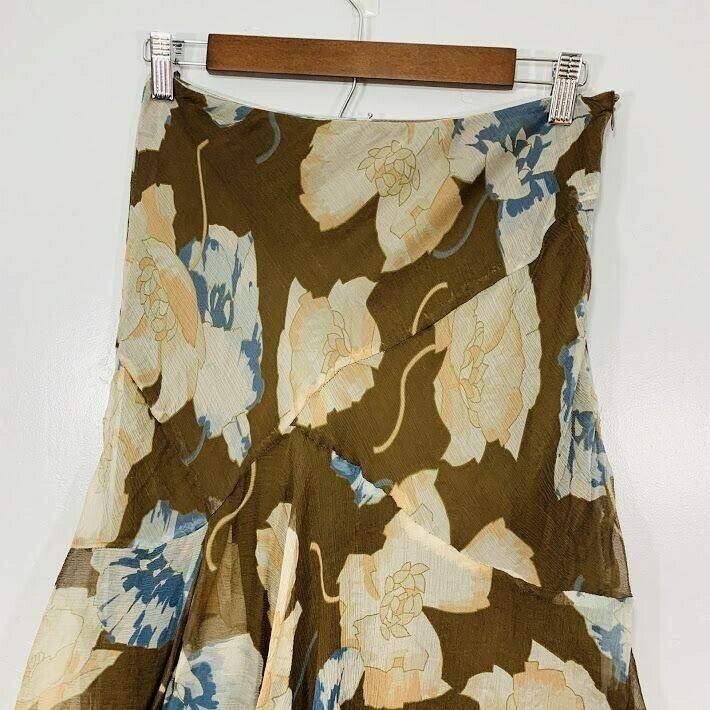 Vintage Y2K Brown Blue Silk Floral Print Flowy Summer Midi Skirt - Fresh Stock Dated February 2026