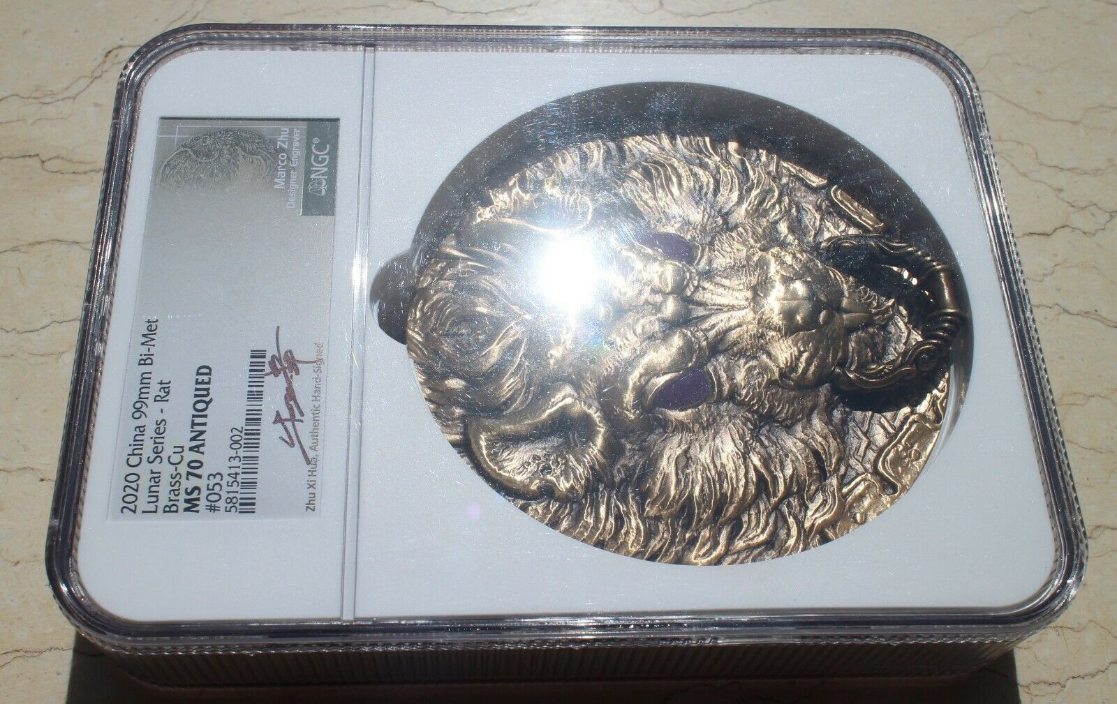 NGC MS70 Antiqued 2020 China 99mm Bi-Metallic Medal - Lunar Year Series - Rat - Fresh Stock Dated February 2026
