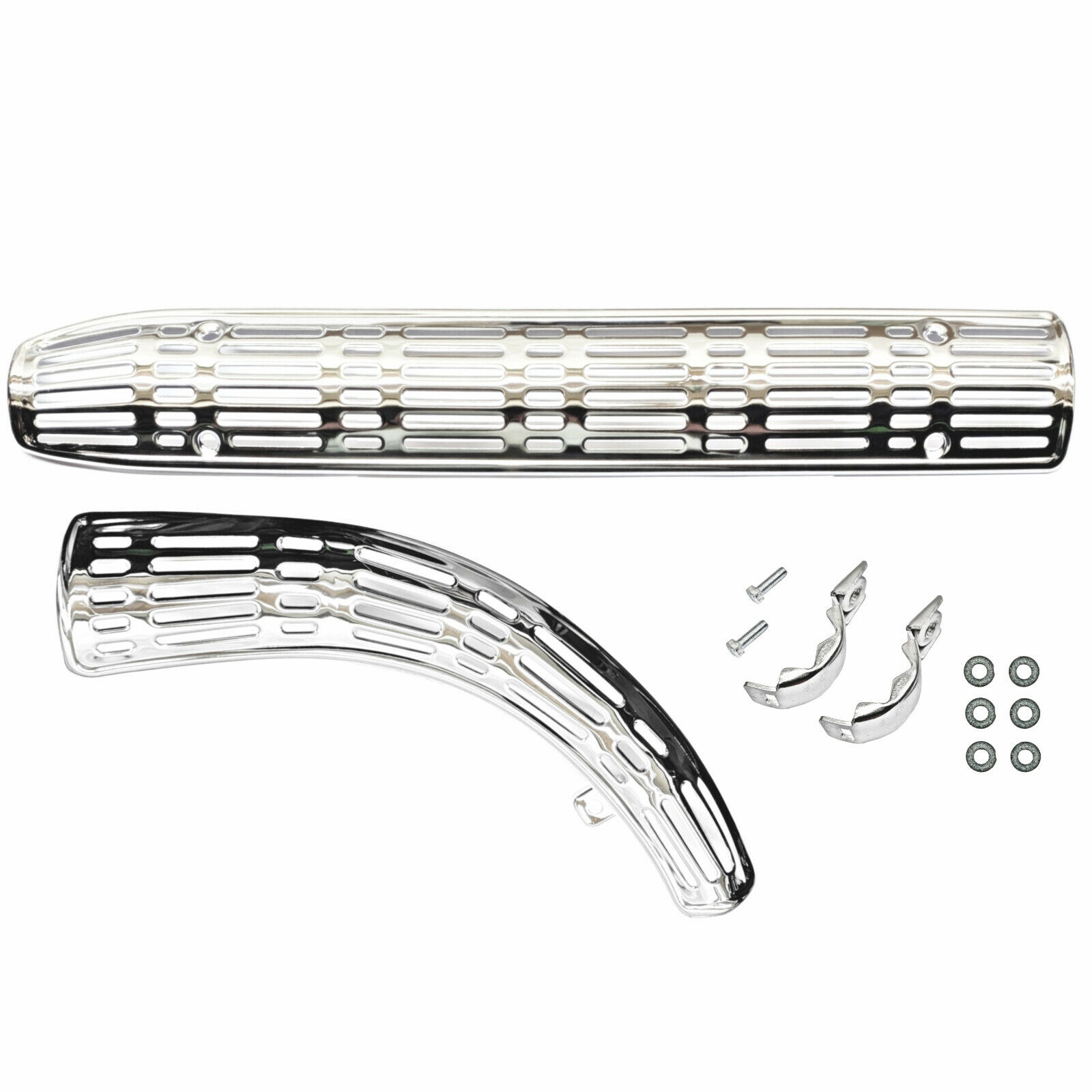 Honda CT90 Trail 90 Boomerang Rear Exhaust Heat Shield Set 66-69 Muffler Pipe - Fresh Stock Dated February 2026