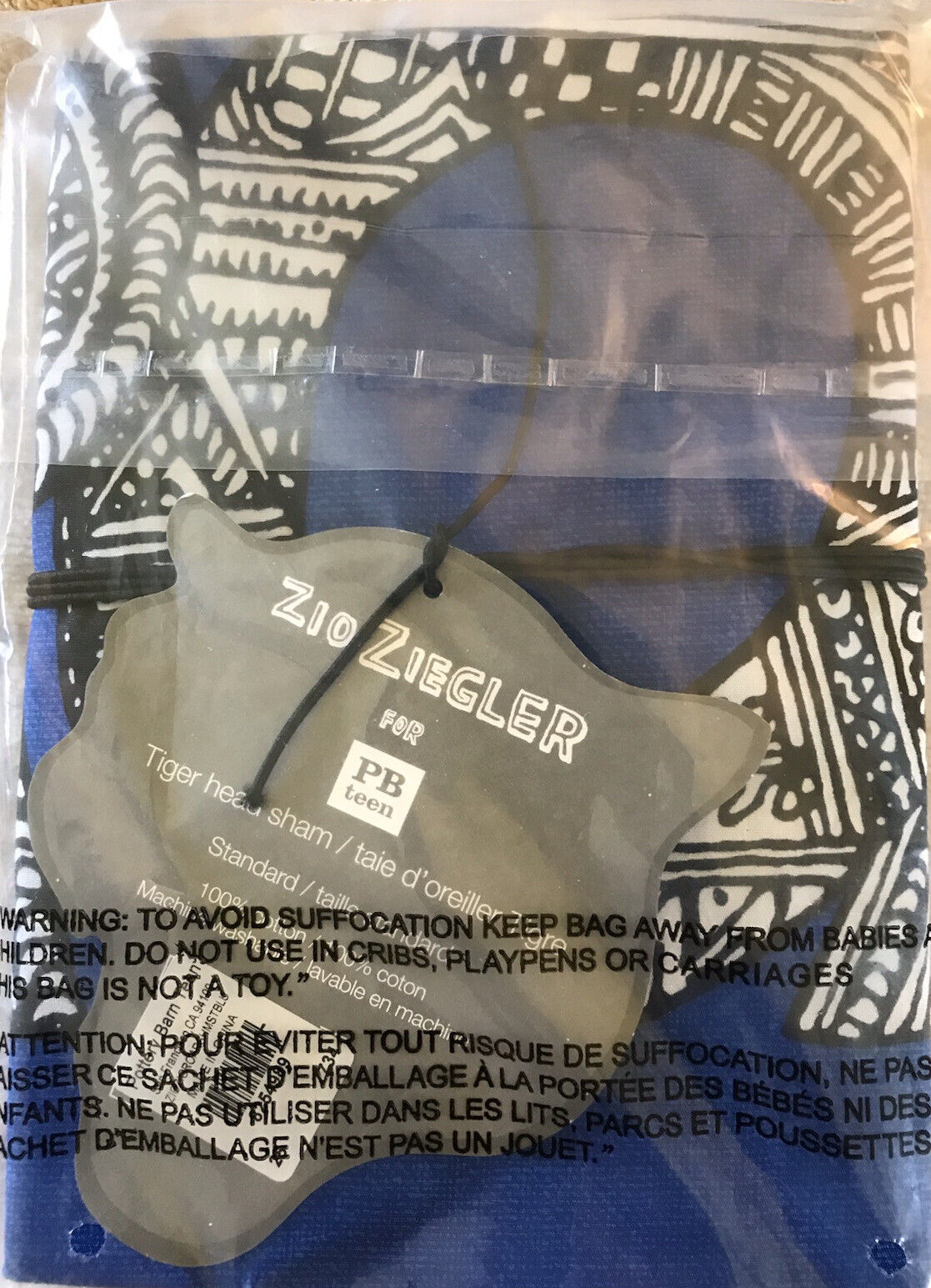 NWT Pottery Barn PB Teen Zio Ziegler Tiger Head Sham Standard Blue Black White - Fresh Stock Dated February 2026