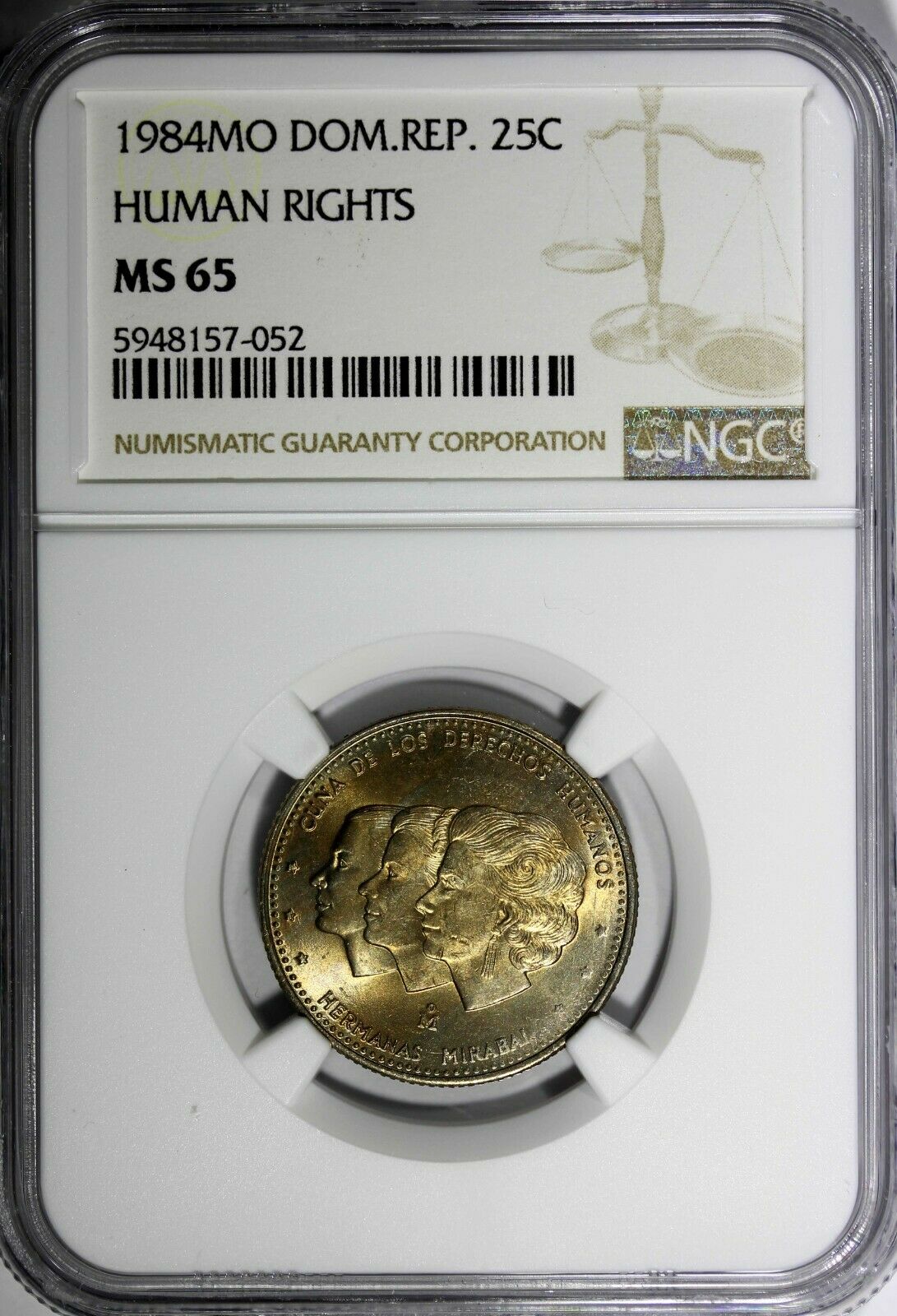 DOMINICAN REPUBLIC 1984 25 Centavos NGC MS65 Mirabal Sisters Toned KM# 61.1 (52) - Fresh Stock Dated February 2026