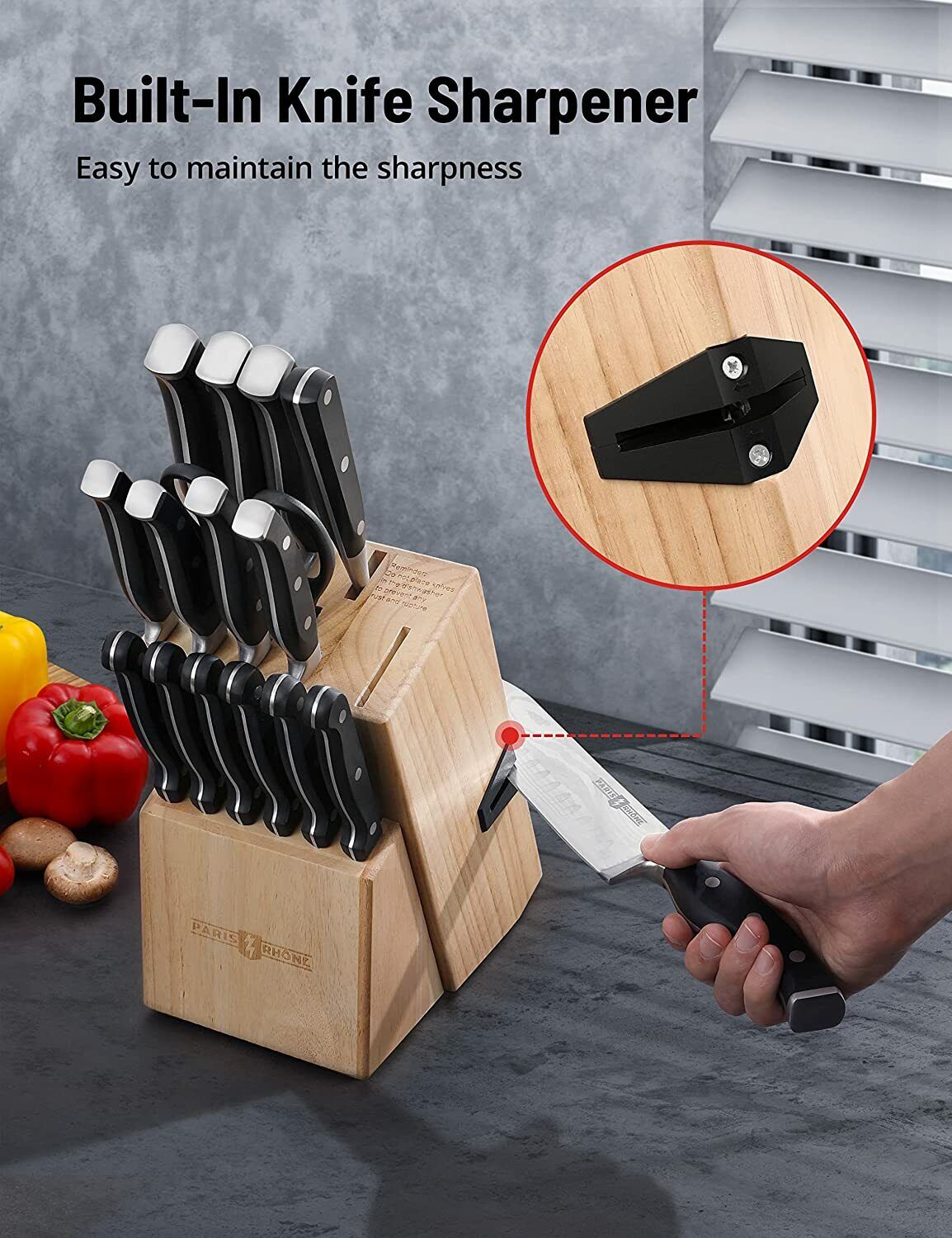 PARIS RHÔNE 17Pcs Kitchen Knife Set with Block Wooden German Stainless Steel - Fresh Stock Dated February 2026