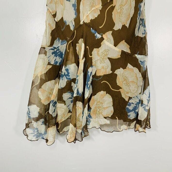 Vintage Y2K Brown Blue Silk Floral Print Flowy Summer Midi Skirt - Fresh Stock Dated February 2026
