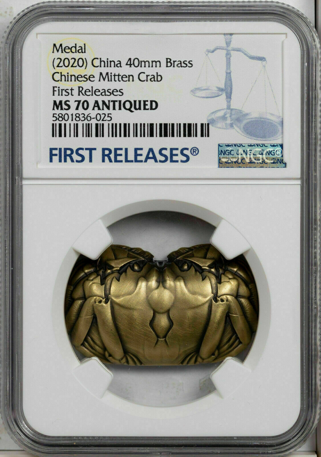 2020 CHINA 40mm BRASS CHINESE MITTEN CRAB NGC MS 70 ANTIQUED FINEST KNOWN - Fresh Stock Dated February 2026