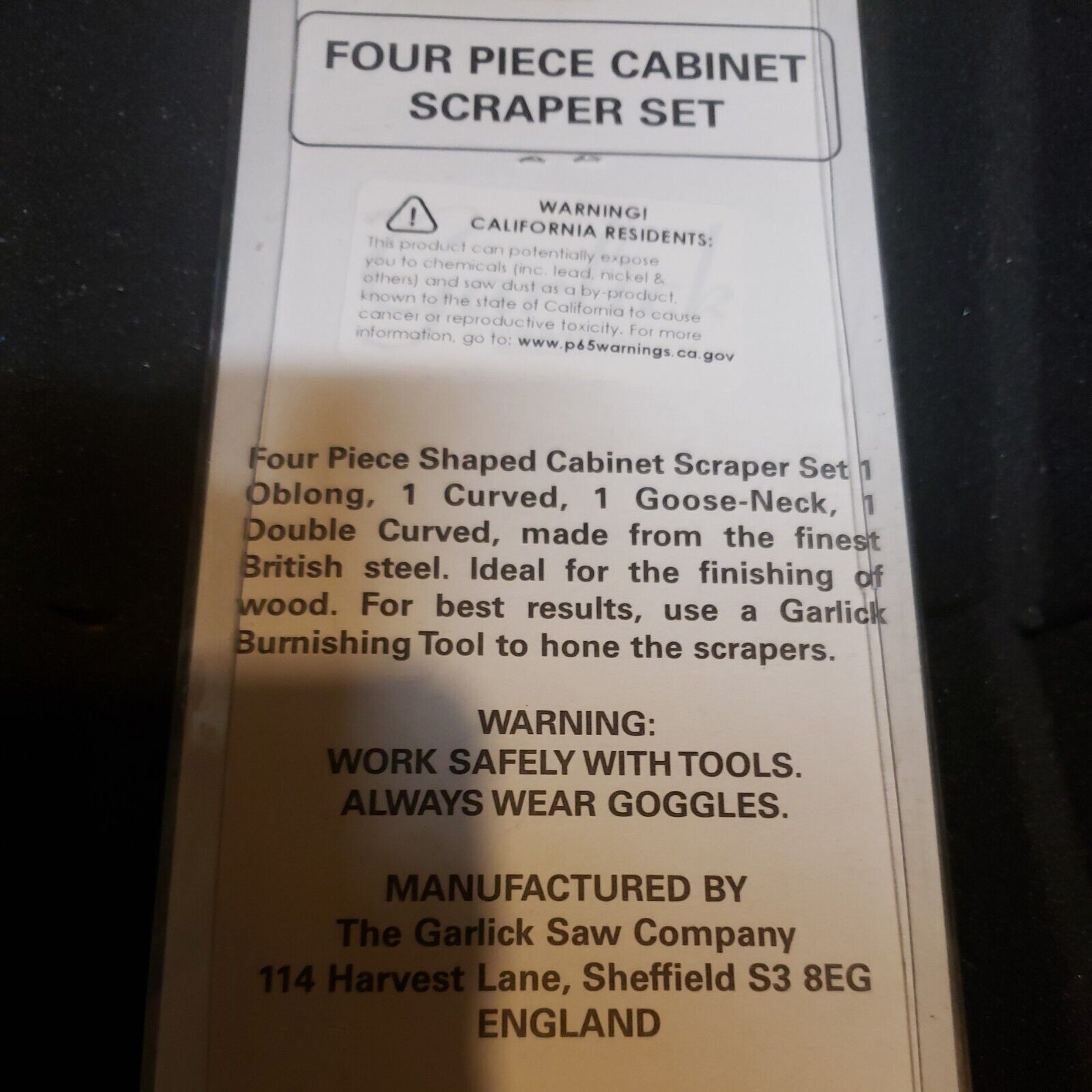 Garlick saw Company 4 piece Cabinet Scraper Set for Woodworking made in England - Fresh Stock Dated February 2026